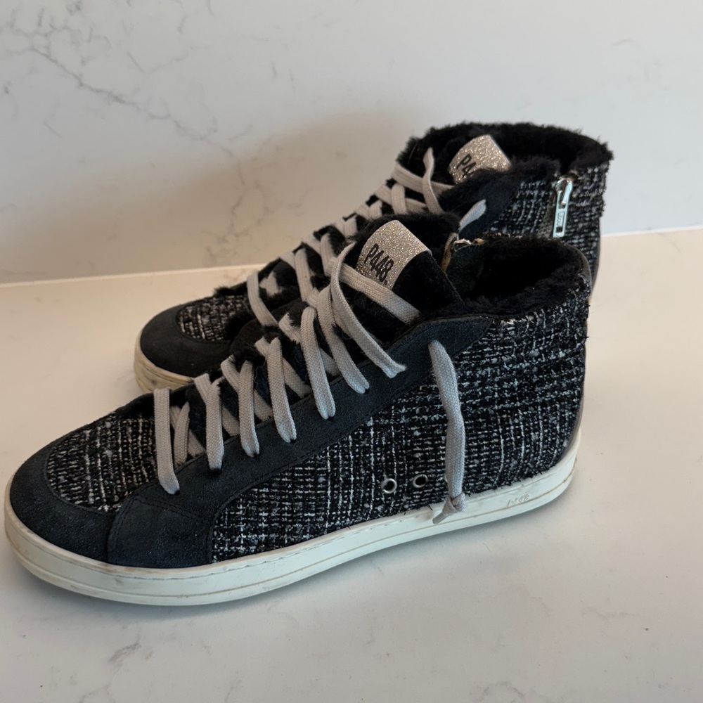 P448 Women's Black Tweed Faux Fur Lined High-Top Sneakers - Size 39